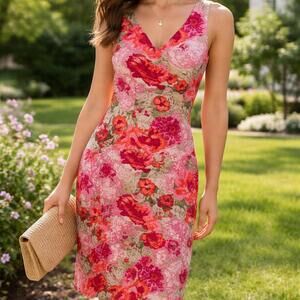 Talbots Floral Red Pink Sheath Dress | Size 6